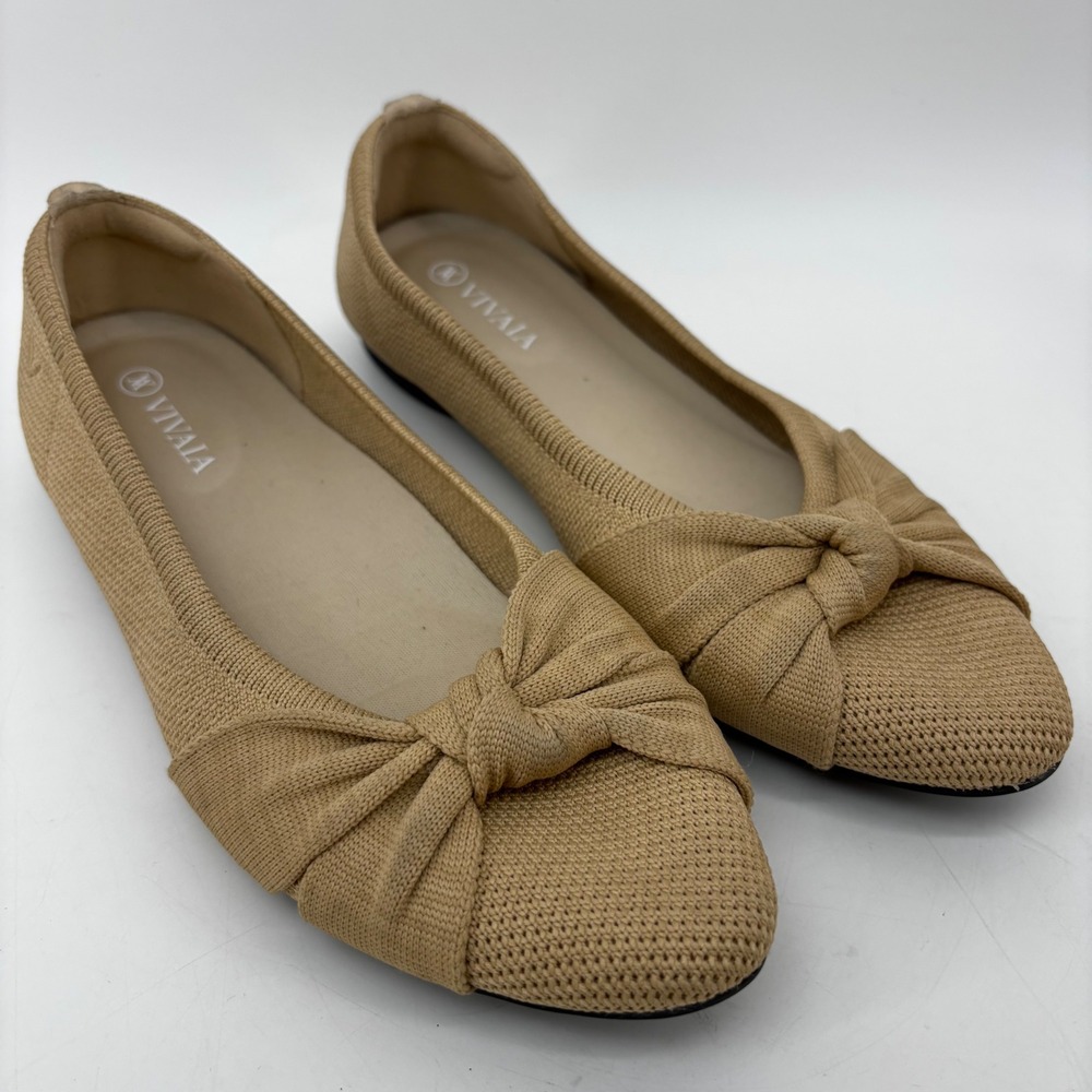Vivaia Margot 2.0 Tan Almond Knit Pointed Toe Knotted Bow Ballet Flats Size 39